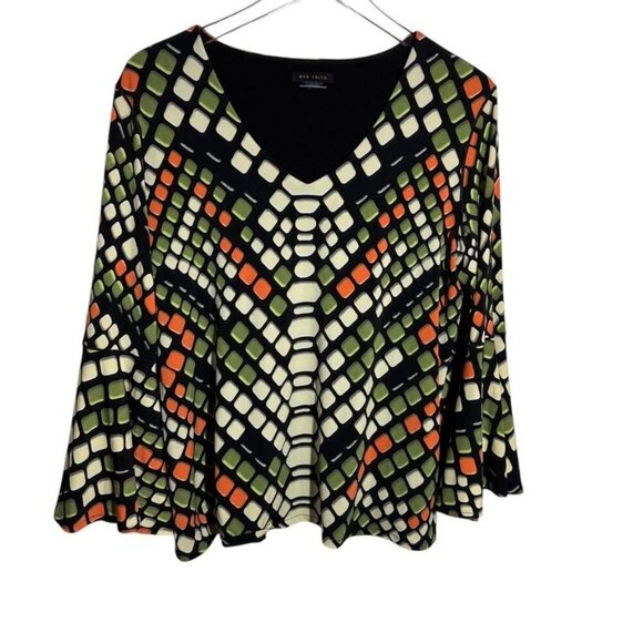 Eva Varro womens size Large top Slinky jersey knit black print bell sleeves - Picture 2 of 5